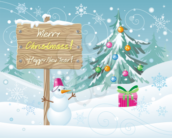 Wooden sign Merry Christmas and Happy New Year.  Xmas celebration, winter season, greeting message, board and snowflake, snow and landscape, snowfall and nature illustration