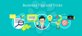Business tips and tricks design. Tips icon, helpful tips, advice and hint, idea and tools, assistance support, suggestion and solution, help and guidance, consultation service illustration