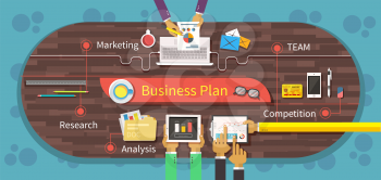 Business plan marketing research analysis. Competition team, business strategy, business model, business meeting, office and market, management and chart, data information illustration