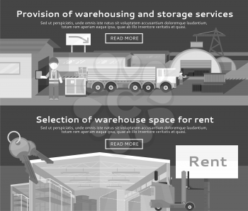 Warehouse storage service product. Warehousing and rent space, service storage, transportation and logistic, delivery container, distribution package illustration. Black and white color
