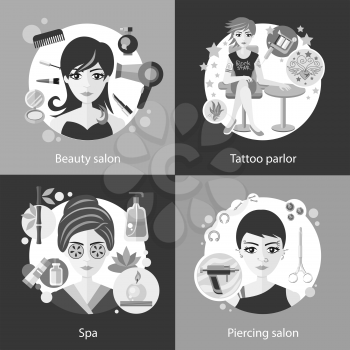 Set of salons, beauty tattoo, piercing. Spa and parlor, face care, girl fashion, hair and cosmetic, woman haircut, elegant hairstyle, elegance visage, banner cosmetology. Black and white color