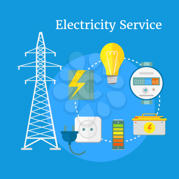 Electricity service flat design. Electric and energy, electrician and electricity icon, power lightning, light bulb and electronics, technology industry illustration