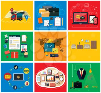 Business online, social media, delivery concept. Marketing tool, startup idea, document and media social, delivery and promotion, shop internet illustration