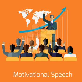 Motivational speech concept design. Business seminar, speaker presentation, microphone and meeting, professional talk training, conference and motivation, public and audience illustration