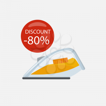 Sale of household appliances. Electronic device with red bubble discount percentage. Sale badge label. Home appliances in flat style. Ironing clothes, ironing board, metal, steam iron, ironing, iron