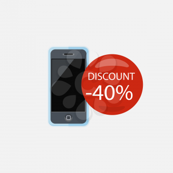 Sale of household appliances. Electronic device with red bubble discount percentage. Sale badge label. Home appliances in flat style. Smart phone, tablet, mobile phone, smartphone, smartphone isolated