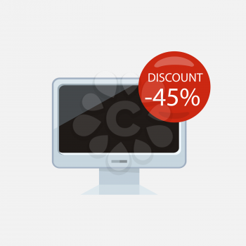 Sale of household appliances. Electronic device with red bubble discount percentage. Sale badge label. Home appliances in flat style. Computer, computer monitor, laptop, monitor icon, screen, tv