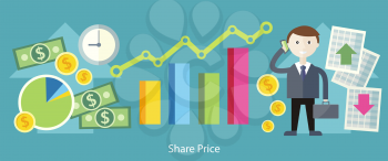 Share price exchange concept design. Business finance, stock money, currency market, chart investment, financial graph, trade analysis, data sell, broker and economic, invest illustration