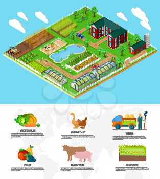 Isometric 3d icon flat farm agriculture. Field and nature organic, tree growth, natural garden, plant and harvest, rural and farmhouse, cow and greenhouse illustration. Infographic elements