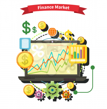 Financial diagram on a laptop monitor. News from finance market. Business stock exchange. Financial planning, accounting, corporate financial strategy. Price movement. Stock exchange rates flat design