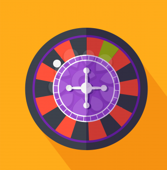Roulette flat design on background. Casino and roulette wheel, gambling luck, fortune and bet, risk and leisure, jackpot chance, gamble round illustration