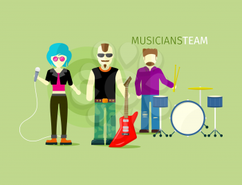 Musicians team people group flat style. Music and singer, artist and musical instruments, concert and instrument guitar, rock playing, stage and guitarist illustration