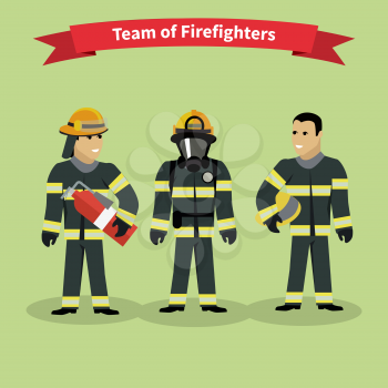 Firefighters team people group flat style. Fireman,and firefighter isolated, firefighter helmet, safety service, danger and rescue, uniform protection illustration