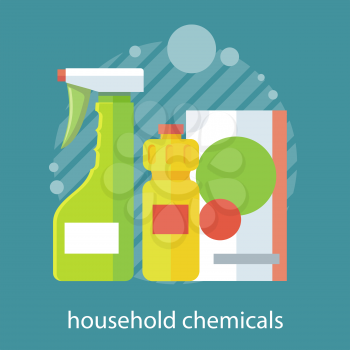 Household chemical flat design. Household appliances, household items, domestic and bottle, equipment clean, housework and housekeeping, soap and detergent illustration banner