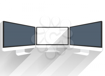 Isolated flat screen white picture. Black LCD screen sideview. Black LCD monitor presentations. Display monitor perspective vector mockup. Realistic computer monitor. Device mockups. Computer monitor
