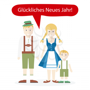 Germans people congratulations happy New Year. Family man woman child wish happy, national portrait, greeting and country, person ethnic, traditional clothes and language illustration