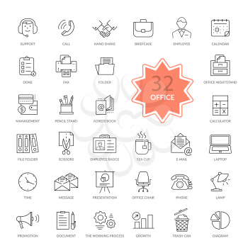 Set of 32 thin, lines, outline office items icons. Icon set, office icons, business icon set, icons, office, business icons, web icon set, business and finance, office and business. Interface icon