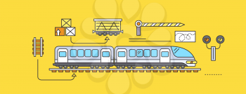 Concept of Freight Forwarding rail by train. Transport delivery, shipping import industry, distribution and logistic, export railway transportation. Set of thin, lines, outline flat icons