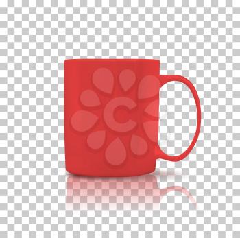 Cup or mug red color. Object coffee or tea, ceramic utensil, beverage breakfast, refreshment caffeine, handle container, realistic glossy elegance cup. Cup icon. Transparent background