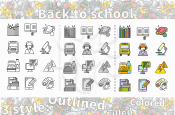Set of icon back to school flat style. Education book, knowledge study, learning chemistry, e-learning biology, web literature, teaching illustration