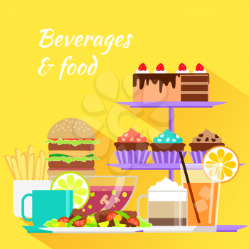 Beverages and food design flat. Drink and menu, glass and cup, coffee and dessert, lunch eat, cake and cream, tea and hamburger, burger fastfood illustration