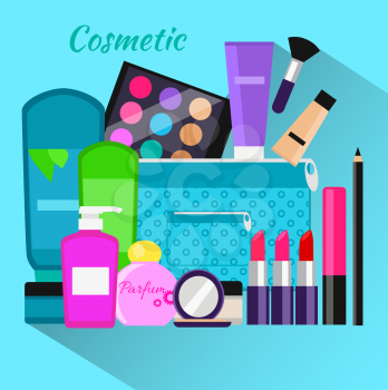 Cosmetic set flat design object. Beauty makeup, cosmetic products, cosmetics package, lipstick and perfume, spa fashion, brush product, glamour bottle, shampoo and powder illustration