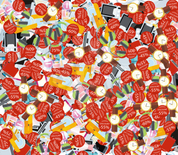 Pattern consumerism sale sticker and item. Shopping background, label tag price, backdrop buying, selling business, wrapper fashion, store shop illustration