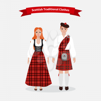 Scottish traditional clothes people. Culture scotland, clothing tradition, kilt skirt, costume uniform, person in national dress, scotsman and tartan, celtic and highlander illustration