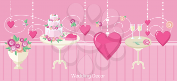 Wedding decor fashion interior. Wedding decoration, wedding table, wedding flowers, wedding design, interior and reception, fashion elegant, event and decoration illustration banner