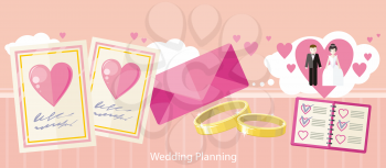 Wedding planning design flat fashion. Wedding planner, event planning, wedding invitation, plan and wedding cake, holiday decoration, marriage event illustration banner