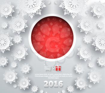 Snowflakes background for winter and new year, christmas theme. Snow, christmas, snowflake, snowflake winter. 3D paper snowflakes. Happy New Year 2016. Silver snowflake. Snowflakes shadow. Red ball
