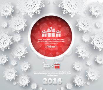 Snowflakes background for winter and new year, christmas theme. Snow, christmas, snowflake winter. 3D paper snowflakes. Happy New Year 2016. Silver snowflake. Snowflakes shadow. Red ball with gifts