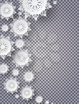Snowflakes background for winter and New Year, christmas theme. Snow christmas, snowflake background, snowflake winter. 3D paper snowflake. Silver snowflake on transparency. Place for text transparent