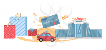 Best shopping tour car with paper bags. Shopping bag, shopping mall, store, shopping cart, shopping icon, sale, fashion. Concept in flat design. Shopping tour with car. World shopping tour