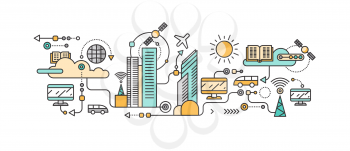 Smart technology in infrastructure city. Icon and network system, communication innovation town, connection and future, control information, internet. Smart industry city system development management