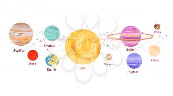 Solar system icon flat design style. Earth planet, space and sun, science astronomy, galaxy and saturn, jupiter and venus, mars and mercury, uranus and neptune illustration. Solar system concept