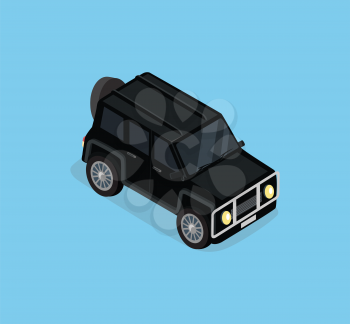 Isometric safari off road car in front top view. Isometric black car cross country vehicle. Isometric car SUV luxury high class. Black car icon. Isometric black car. Isometric vector car. Isolated car