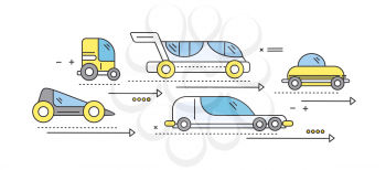 Concept car of the future road transport. Traffic automobile, drive technology, auto electric, futuristic engine, innovation efficiency progress illustration. Set of thin, lines, outline flat icons