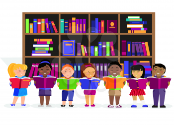 Other children read books in the library. Education child or kid, learning student, reading and study, people studying, literature textbook in flat design. Various nationalities students reading books