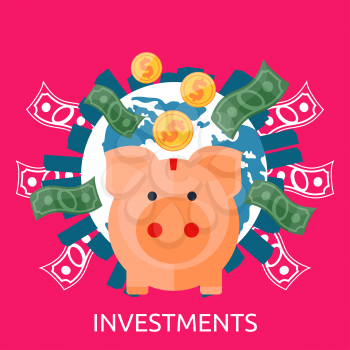 Investment concept capitalization, money savings. Piggy bank, coin planet. Investment concept, finance, money, investor stock market, savings business, bank. Pig of earth with buildings and money