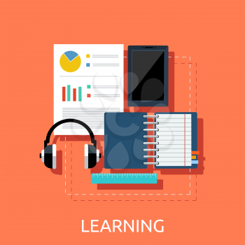 Education tools concept on background. Back to school. Distance learning. Study in university. Tools for learn. Learning icons. Vector concept for online education. Online training courses