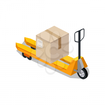 Isometric platform trolleys icon design style. Warehouse and forklift truck, truck and jack, cargo cart, delivery and lift, equipment industry, industrial loader. Isometric platform trolley