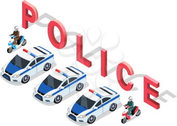 Flat 3d isometric high quality police car. Isometric police car top view. Isolated isometric police car. 3D isometric police car. Isometric blue and white police car icon. Vector police car