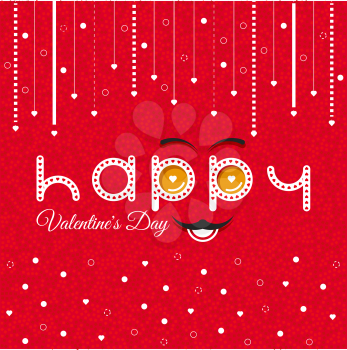 Text with smiley eyebrows and moustache. Valentines Day card lettering red background. 14 february holiday. Happy Valentines Day card love story. Greeting Card Valentines Day. Red glitter card vector