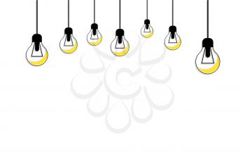 Idea concept background. Glowing yellow light bulb as inspiration concept. Light sign ideas. Vector light bulb icon. Bulb light idea. Creative idea in bulb shape. Bulb icons with idea. New idea