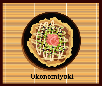 Japanese pizza Okonomiyaki. Okonomiyaki icon. Japanese cuisine dishes flat style. Japanese food okonomiyaki. Icon of Okonomiyaki. Vector Okonomiyaki