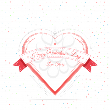 Valentines Day card lettering red heart. 14 february holiday. Heart and ribbon red frame. Happy Valentines Day card. Love story. Greeting Card Valentines Day. Red glitter card. Vector illustration