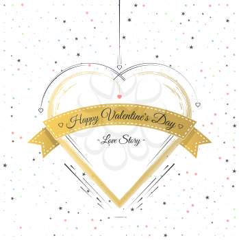 Valentines Day card lettering gold heart. 14 february holiday. Heart and ribbon gold frame. Happy Valentines Day card. Love story. Greeting Card Valentines Day. Gold glitter card. Vector illustration
