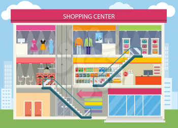 Shopping center buiding design. Shopping mall, shopping center interior, restaurant and boutique, store and shop, architecture retail, urban structure commercial illustration