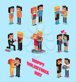 Isometric Valentines day. Isometric family couples love hearts 3d. Little cupids 3d icons. Flirting, wedding and parenting, love, first date. Family together concept. Valentine day people couple